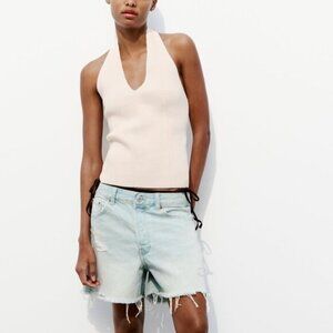 NWT Zara Textured Knit Halter Top Cream Sleeveless Size Small